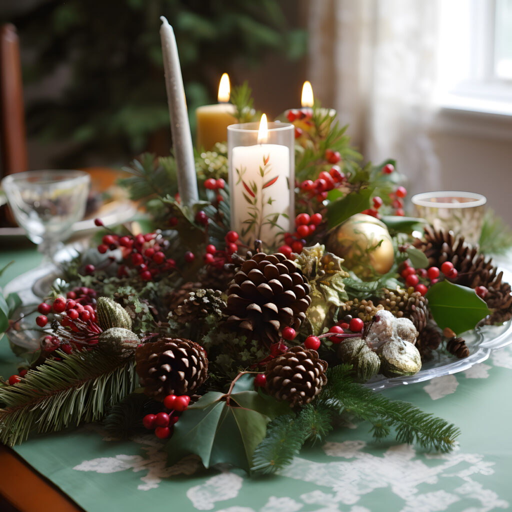 A festive table centerpiece made of pinecones and greener three