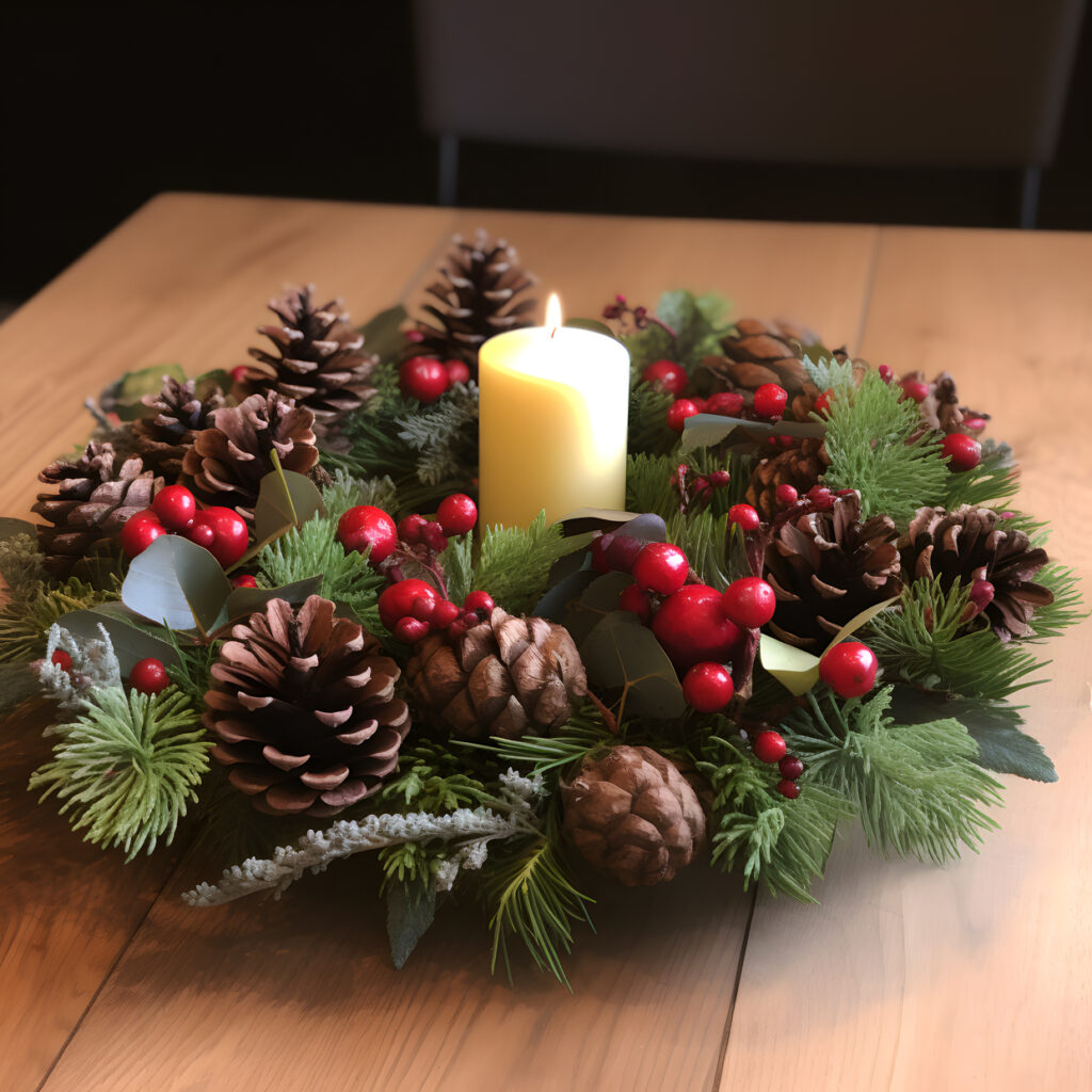 A festive table centerpiece made of pinecones and greener two