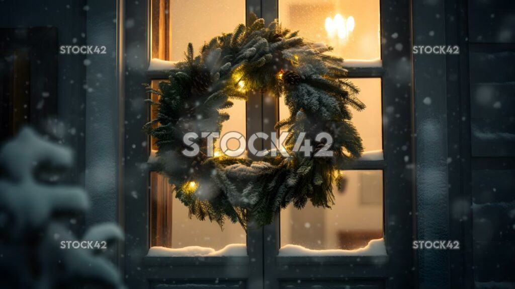 A festive wreath hanging on a front door with a snowy bac