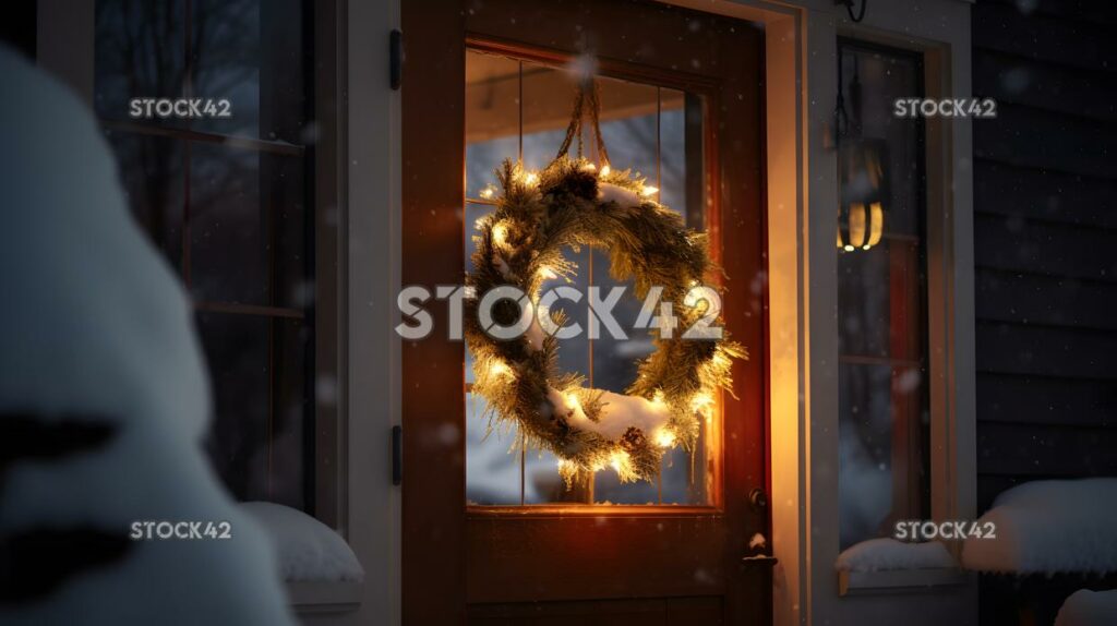 A festive wreath hanging on a front door with a snowy bac one