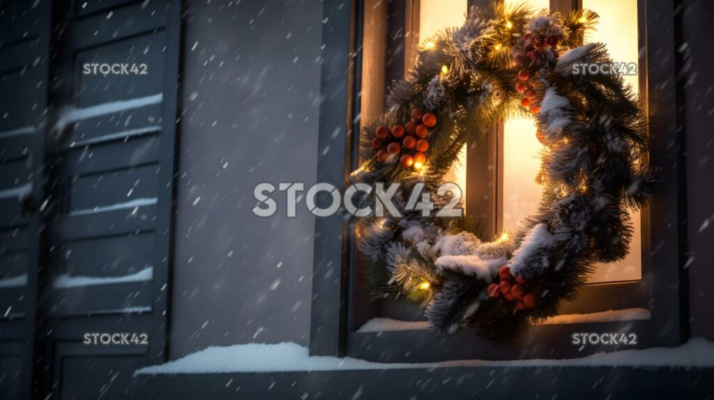 A festive wreath hanging on a front door with a snowy bac three