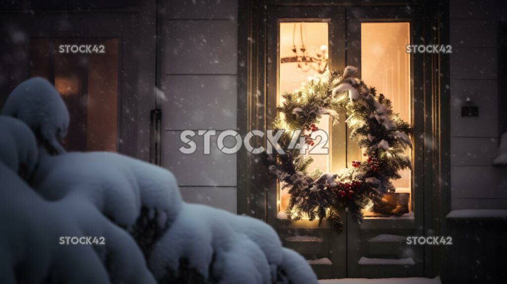 A festive wreath hanging on a front door with a snowy bac two