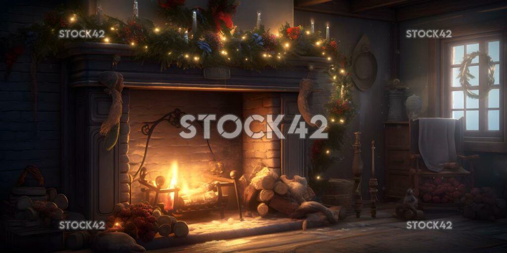 A fireplace with a roaring fire stockings hanging from th three