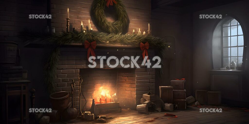 A fireplace with a roaring fire stockings hanging from th two