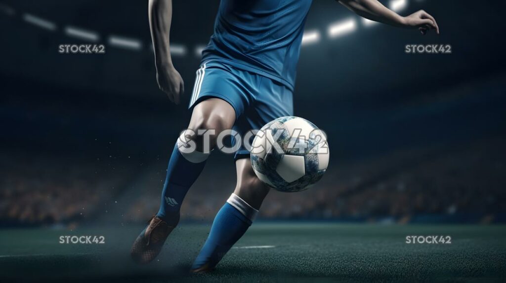 A football player in blue shorts kicking the ball with hi