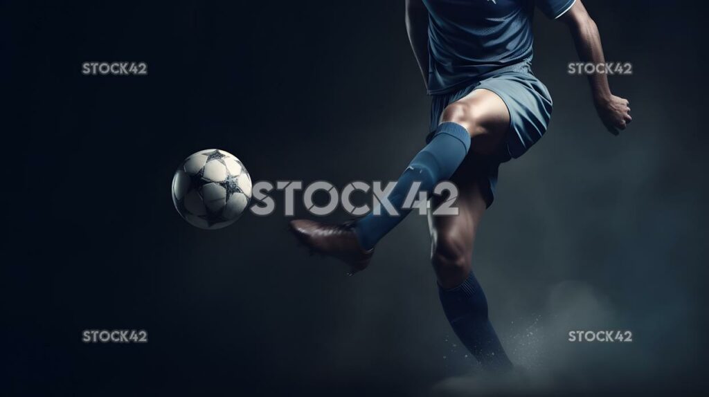 A football player in blue shorts kicking the ball with hi one