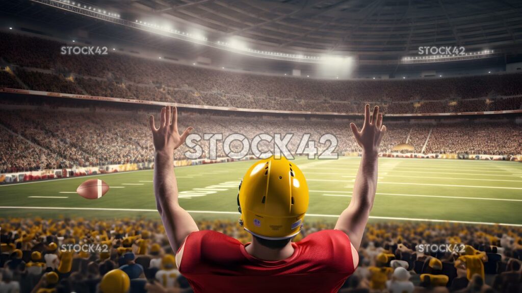 A football quarterback throwing a pass in a stadium fille