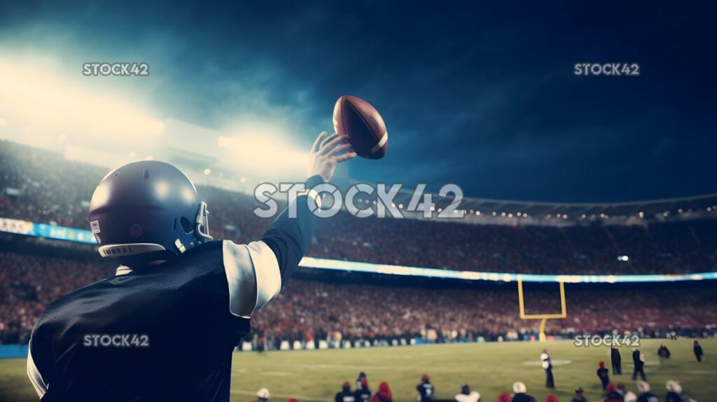 A football quarterback throwing a pass in a stadium fille one