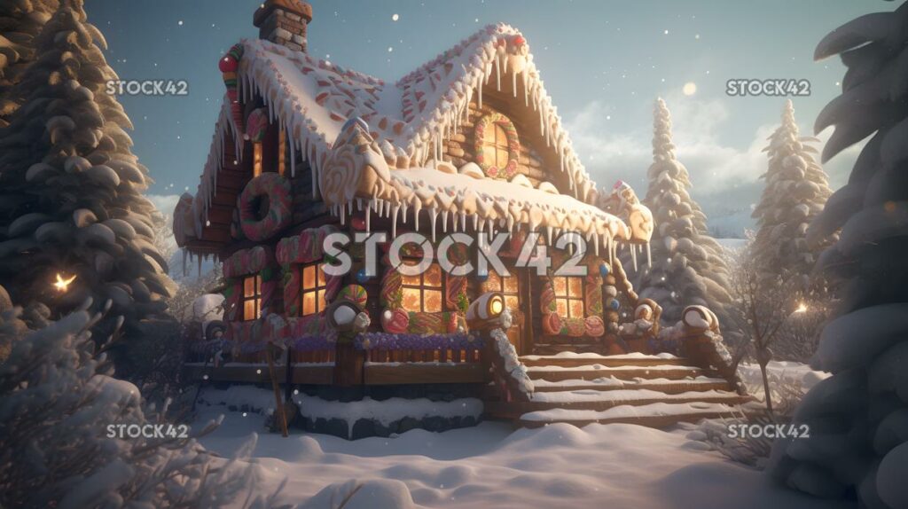 A gingerbread house with candy decorations and snow on th