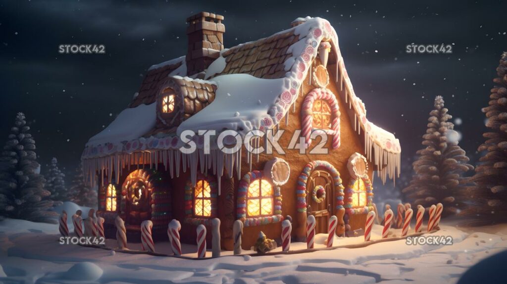 Una casa de pan de jengibre con decoraciones de dulces y nieve en el uno