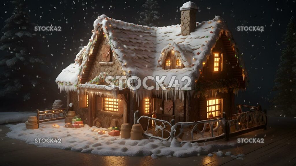 A gingerbread house with candy decorations and snow on th three