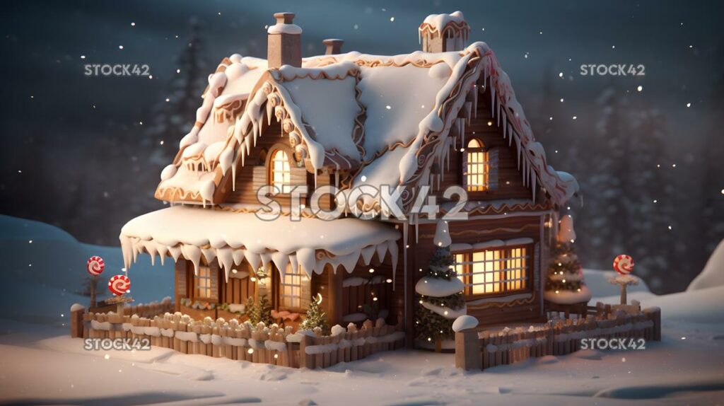 A gingerbread house with candy decorations and snow on th two