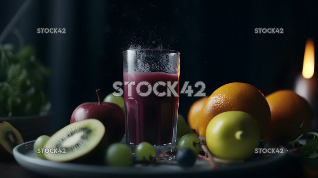 A glass of cold pressed juice with a variety of fruits an