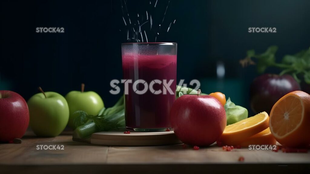 A glass of cold pressed juice with a variety of fruits an one