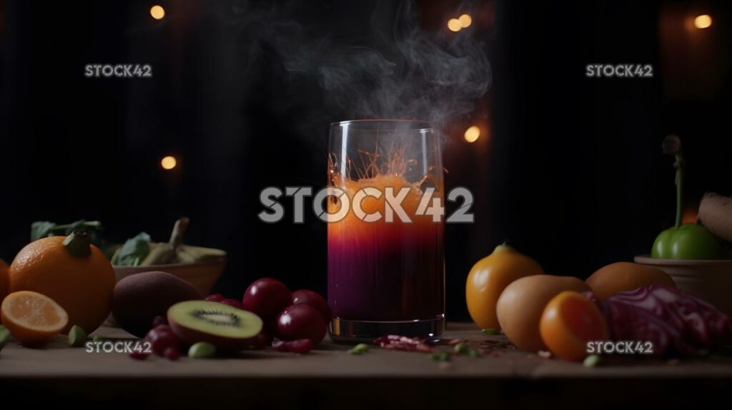 A glass of cold pressed juice with a variety of fruits an three