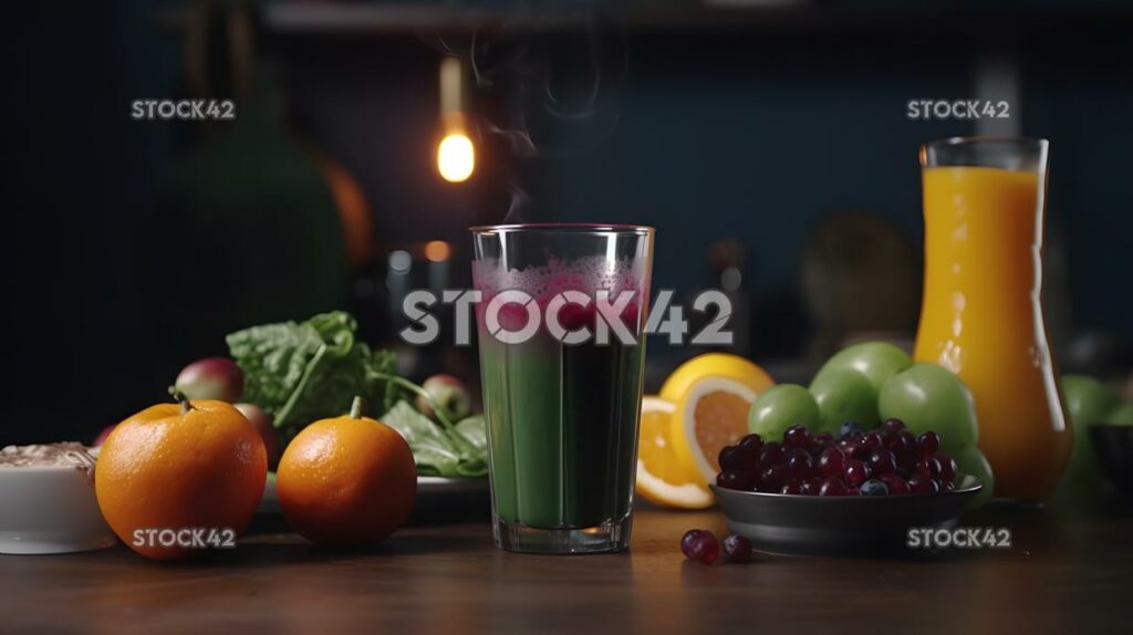 A glass of cold pressed juice with a variety of fruits an two