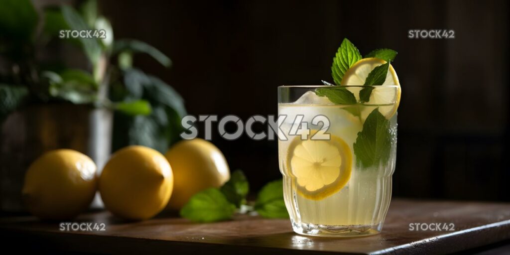 A glass of freshly squeezed lemonade with a slice of lemo