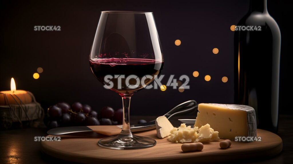 A glass of red wine with a cheese platter in the backgrou