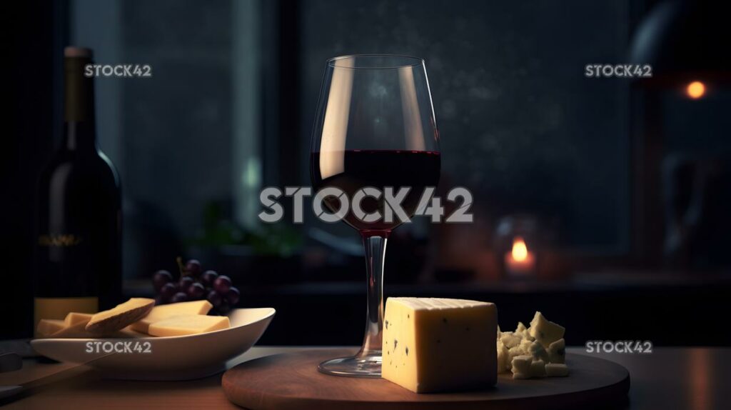 A glass of red wine with a cheese platter in the backgrou one