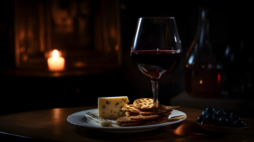 A glass of red wine with a cheese platter in the backgrou three