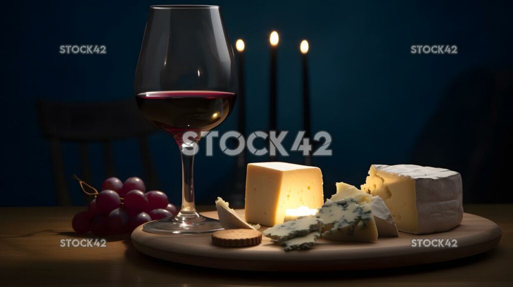 A glass of red wine with a cheese platter in the backgrou two