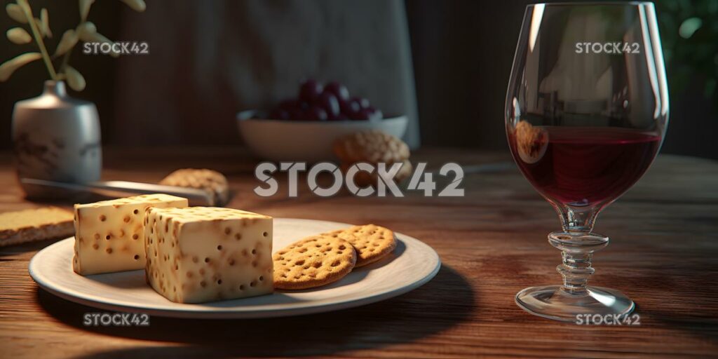 Una copa de vino tinto con un plato de queso y galletas saladas c