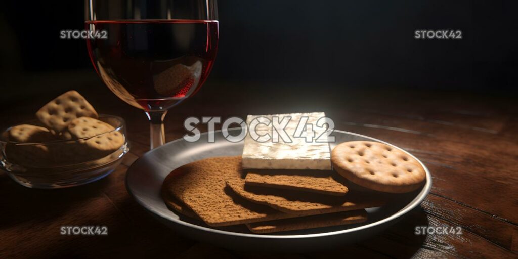 A glass of red wine with a plate of cheese and crackers c one