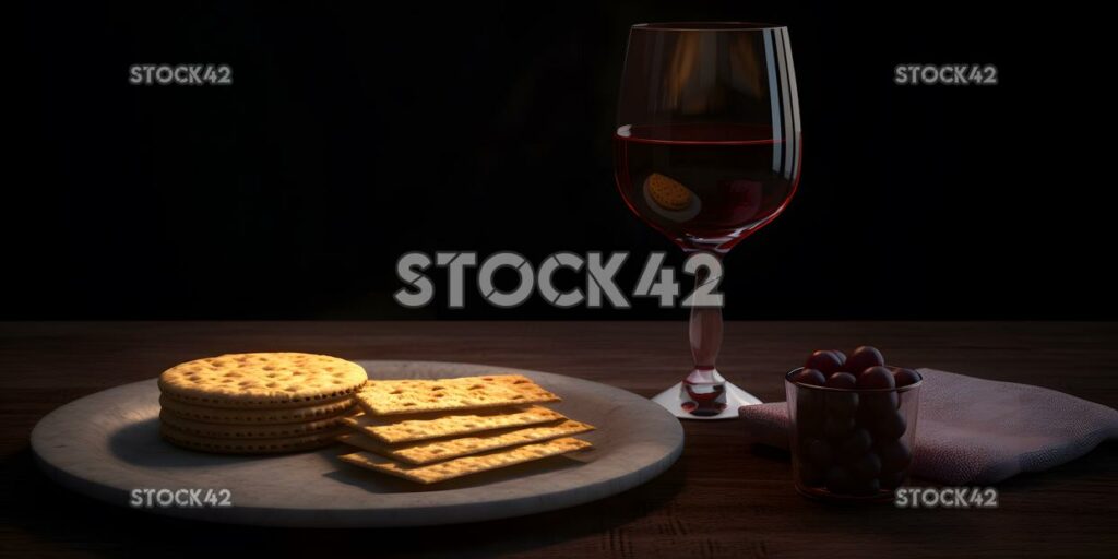 A glass of red wine with a plate of cheese and crackers c three