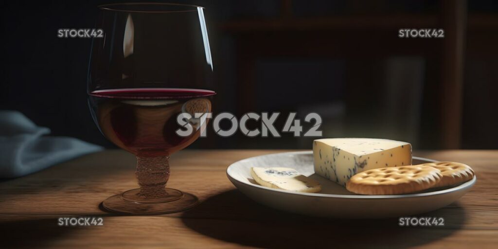 A glass of red wine with a plate of cheese and crackers c two