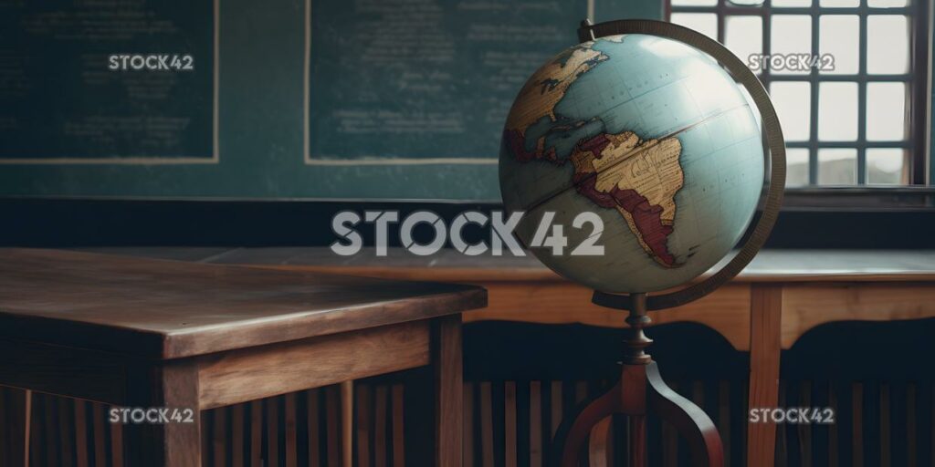 A globe on a wooden stand in a geography classroom Hyper-