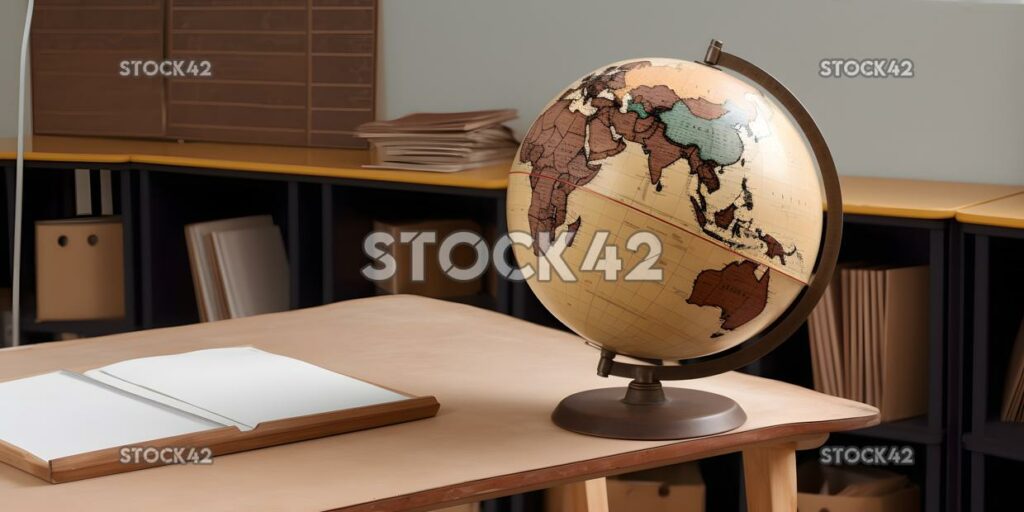 A globe on a wooden stand in a geography classroom Hyper- one