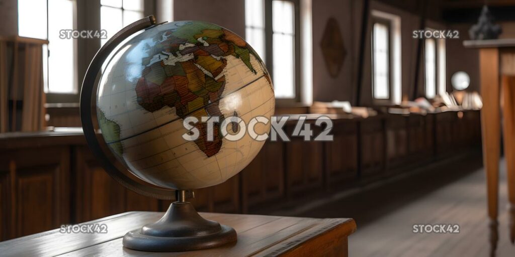 A globe on a wooden stand in a geography classroom Hyper- two