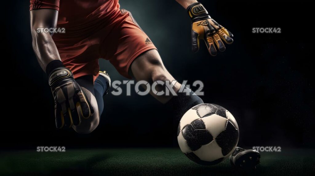 A goalkeeper coming out of the box to clear a ball with t one