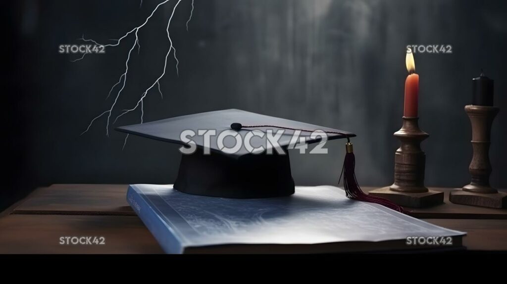 Una gorra de graduación y un diploma sobre una mesa T hiperrealista