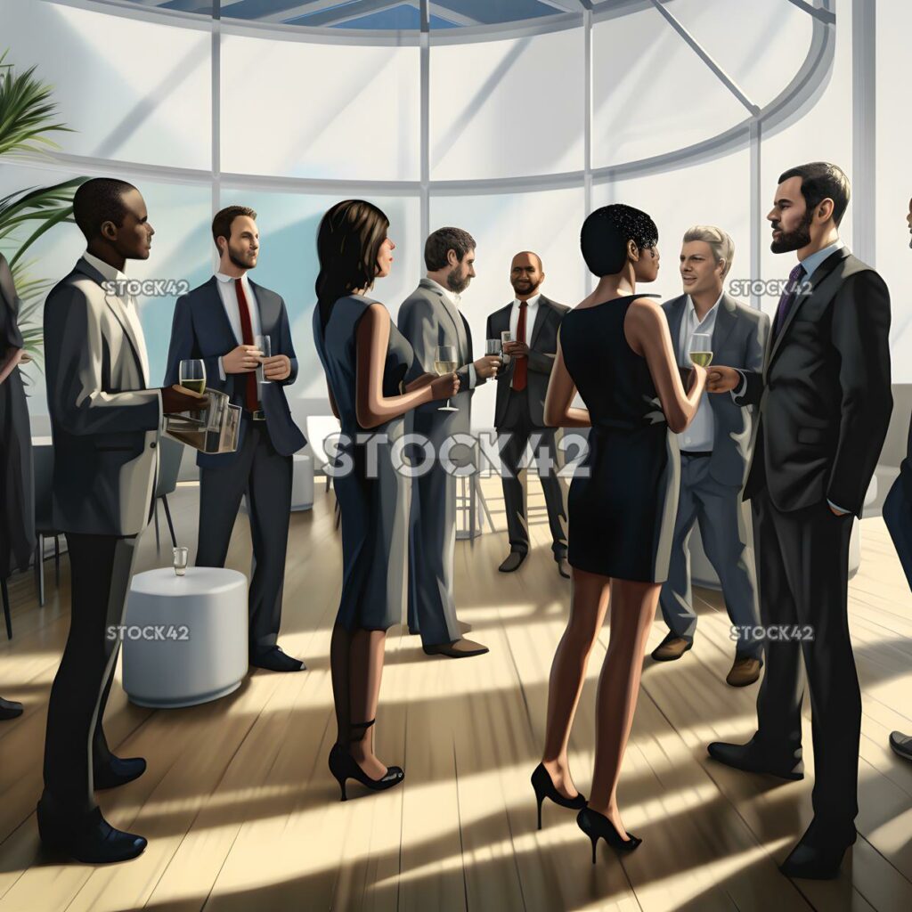 A group of businesspeople are socializing at a corporate_