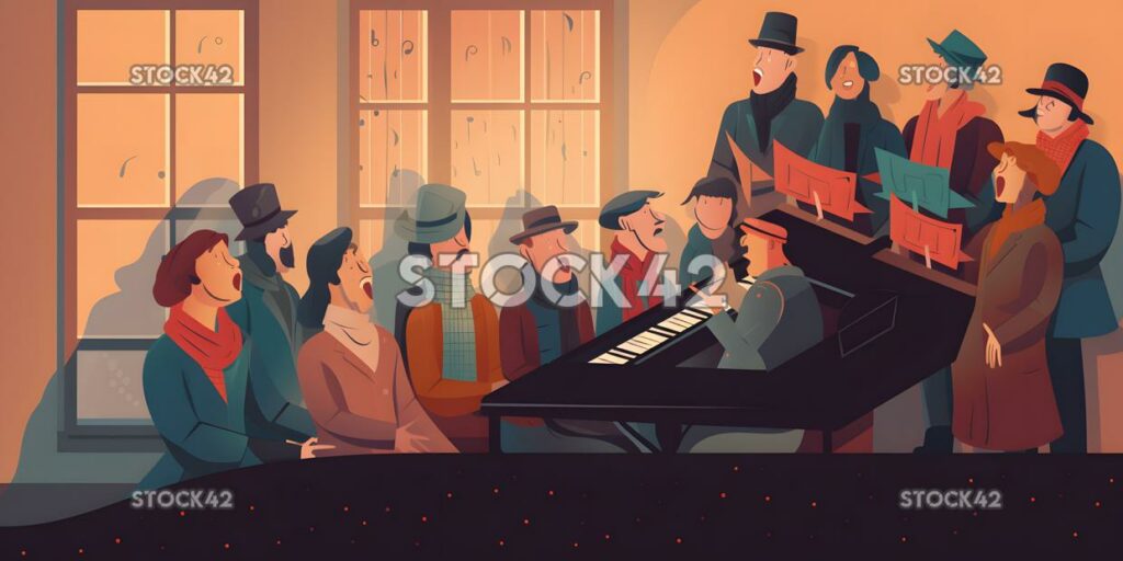 A group of carolers gathered around a piano singing holid one