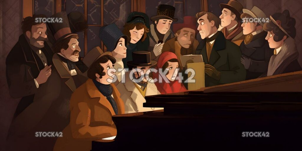 A group of carolers gathered around a piano singing holid two