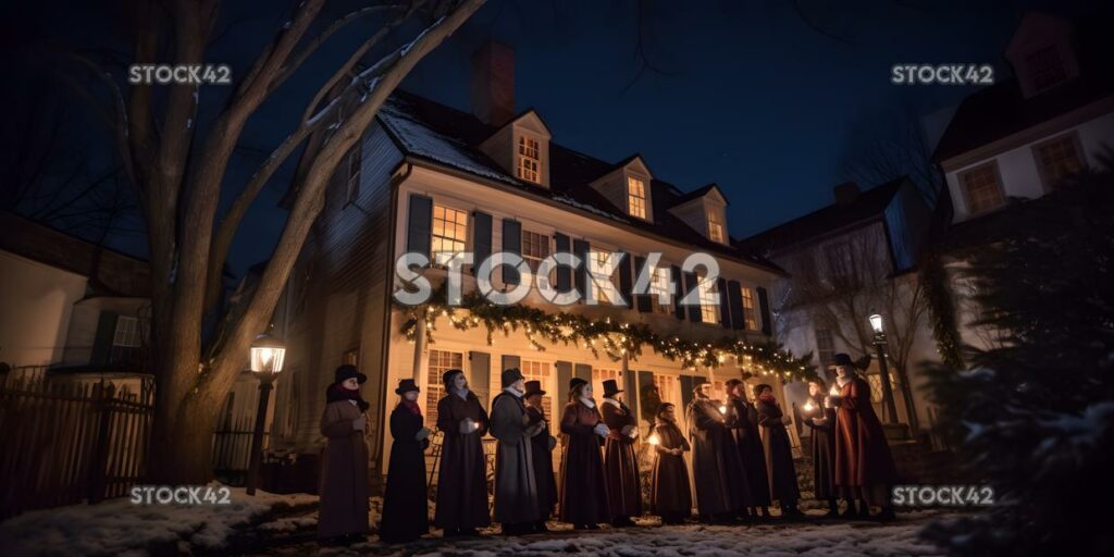 A group of carolers singing in front of a brightly-lit ho