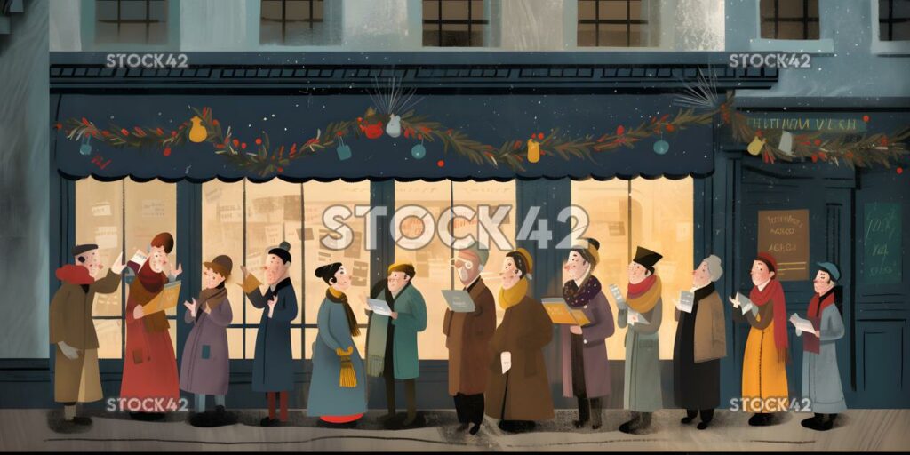 A group of carolers singing in front of a decorated store