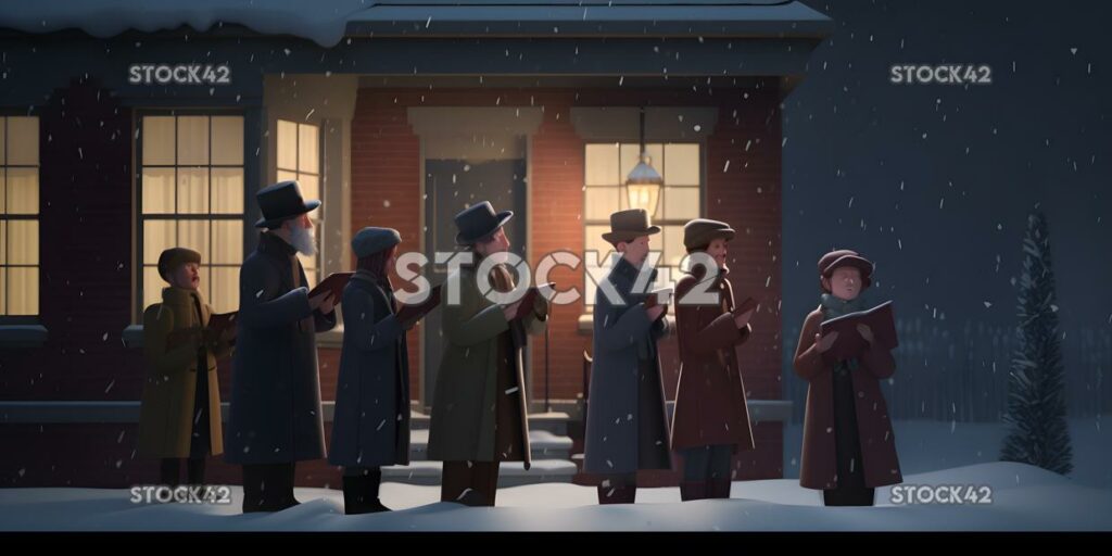 A group of carolers standing outside a house singing Chri