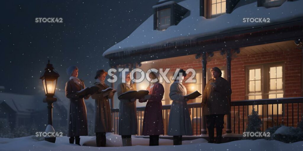 A group of carolers standing outside a house singing Chri one