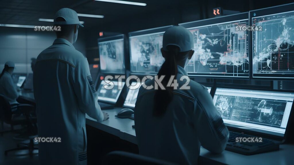 A group of engineers in a control room monitoring a compl