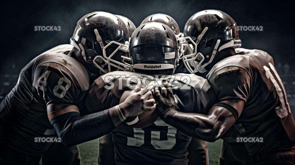 A group of football players are huddled up on the field s