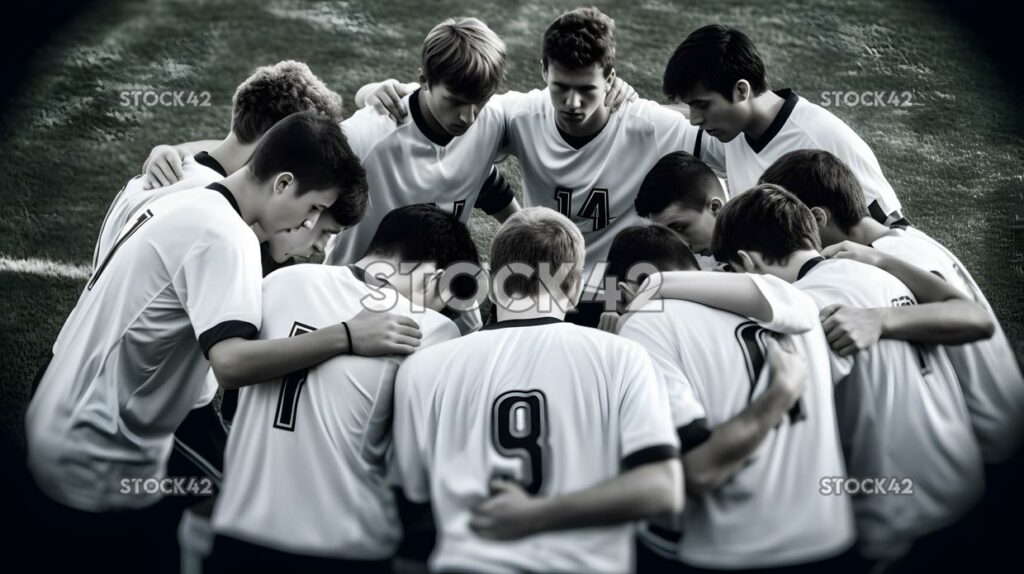 A group of football players are huddled up on the field s two