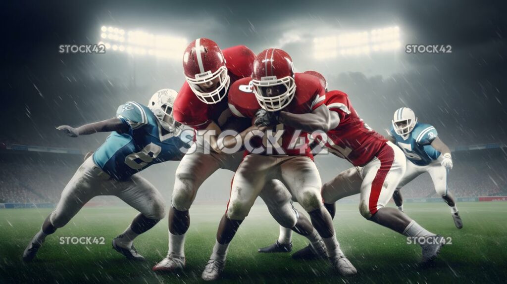 A group of football players in red and white jerseys batt