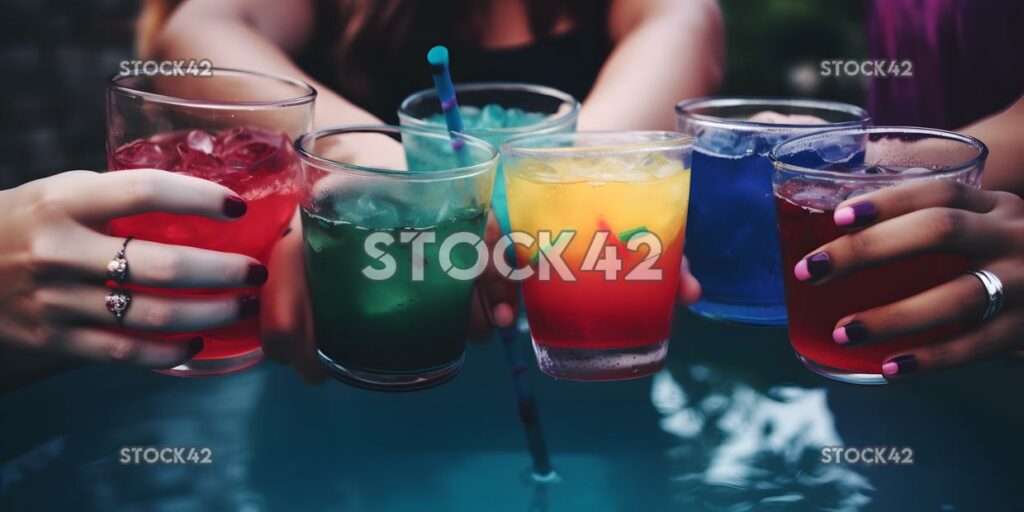 A group of friends cheering with colorful drinks at a poo