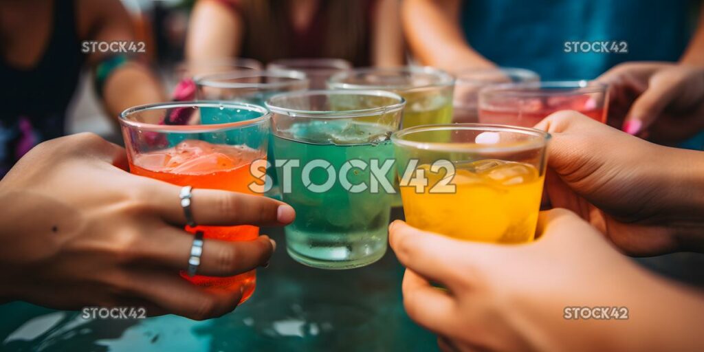 A group of friends cheering with colorful drinks at a poo one