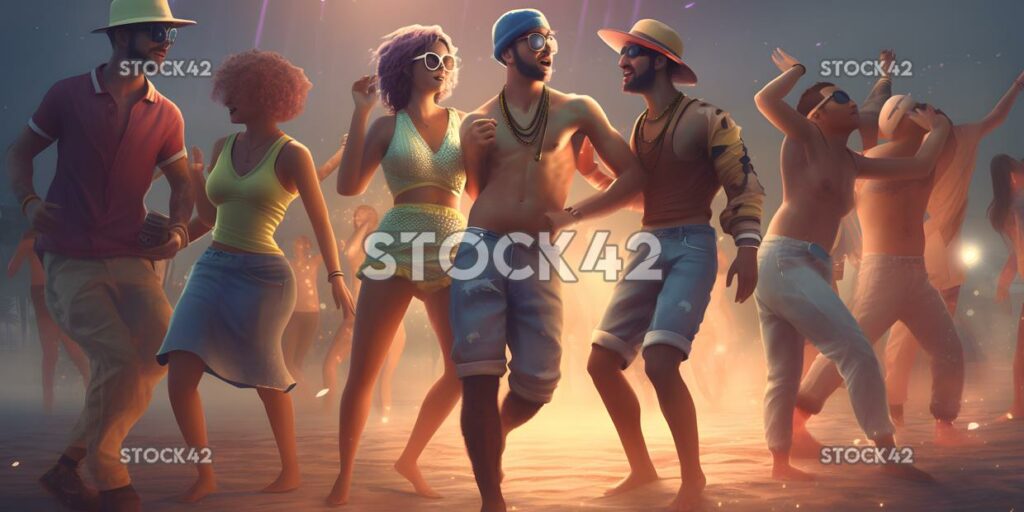 A group of friends dancing in colorful outfits at a beach