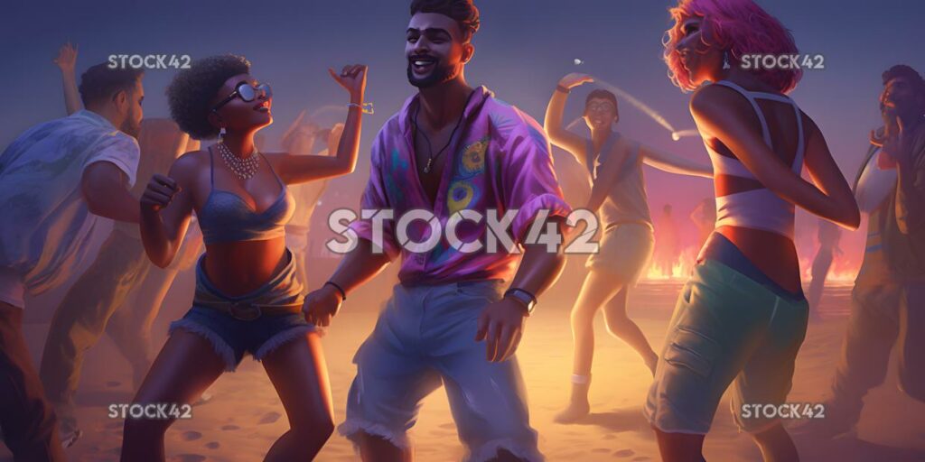 A group of friends dancing in colorful outfits at a beach one