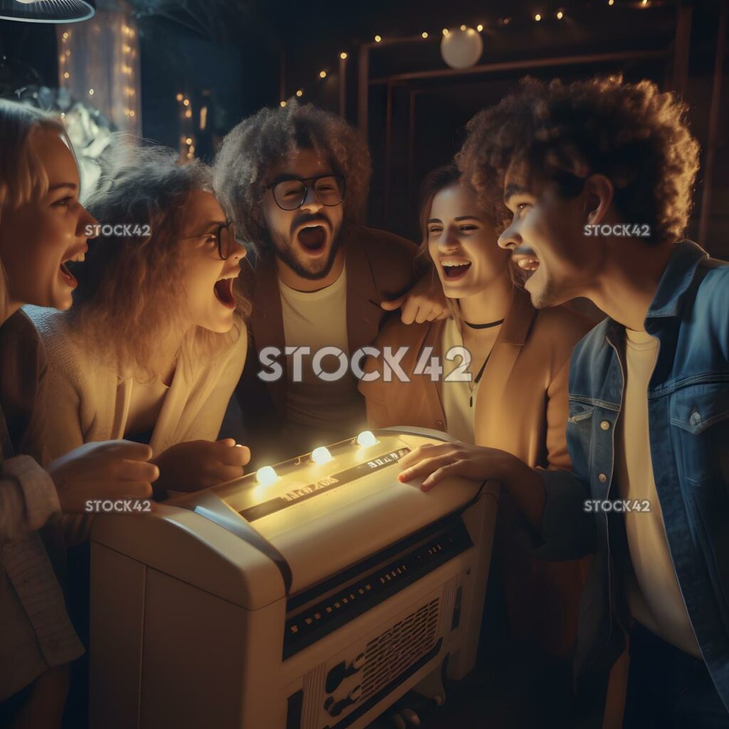 A group of friends gathered around a karaoke machine sing